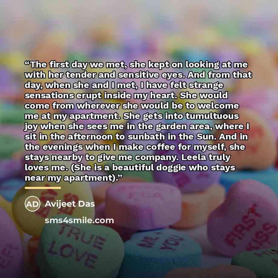 “The first day we met, she kept on looking at me with her tender and sensitive eyes. And from that day, when she and I met, I have felt strange sensations erupt inside my heart. She would come from wherever she would be to welcome me at my apartment. She gets into tumultuous joy when she sees me in…” quote by Avijeet Das