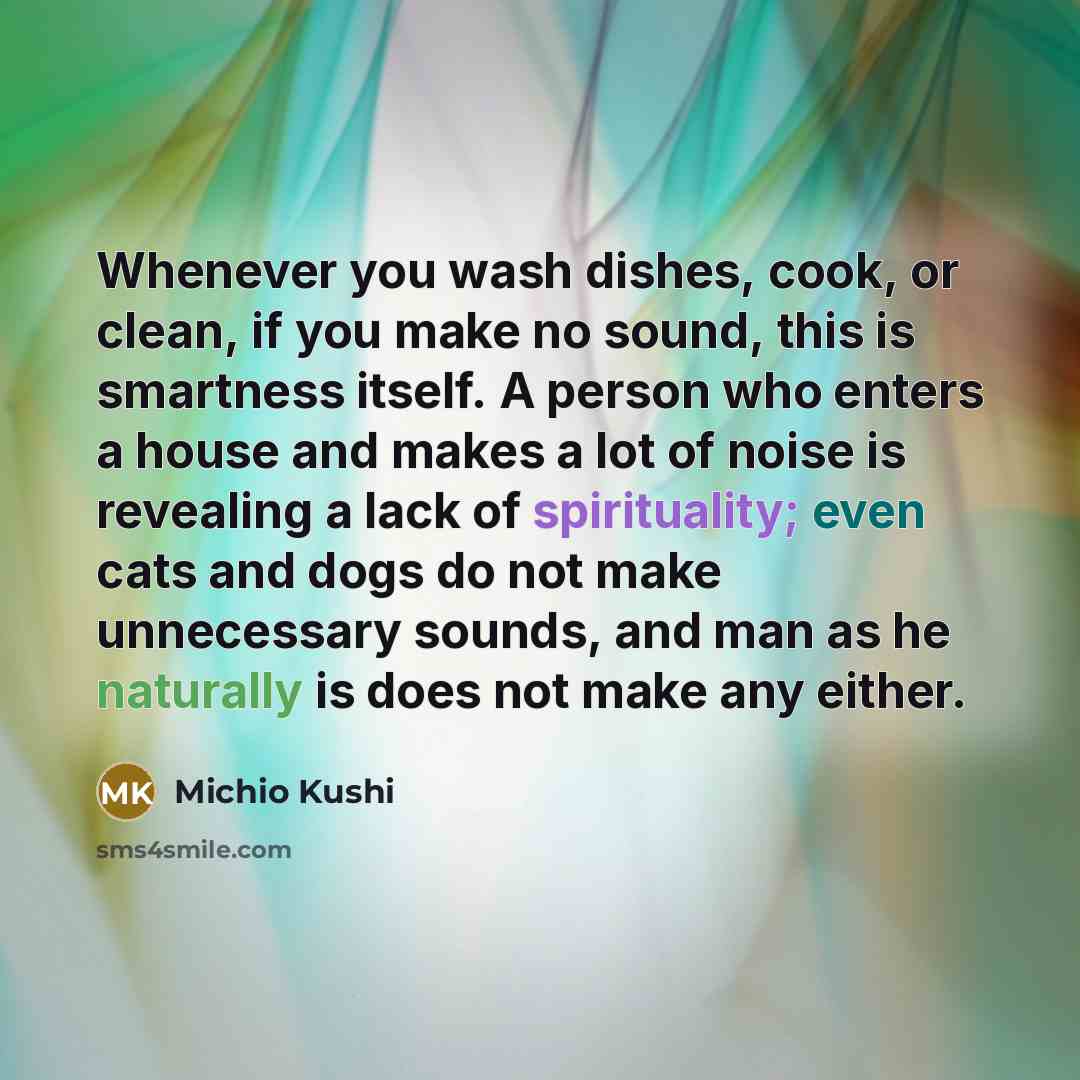 “Whenever you wash dishes, cook, or clean, if you make no sound, this is smartness itself. A person who enters a house and makes a lot of noise is revealing a lack of spirituality; even cats and dogs do not make unnecessary sounds, and man as he naturally is does not make any either.” quote by Michio Kushi