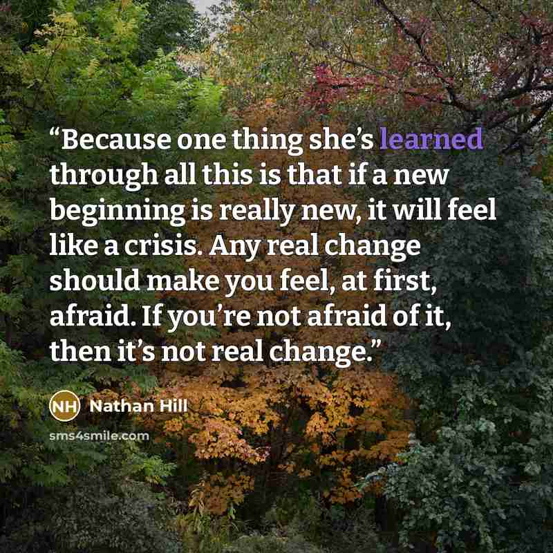 “Because one thing she’s learned through all this is that if a new beginning is really new, it will feel like a crisis. Any real change should make you feel, at first, afraid. If you’re not afraid of it, then it’s not real change.” quote by Nathan Hill