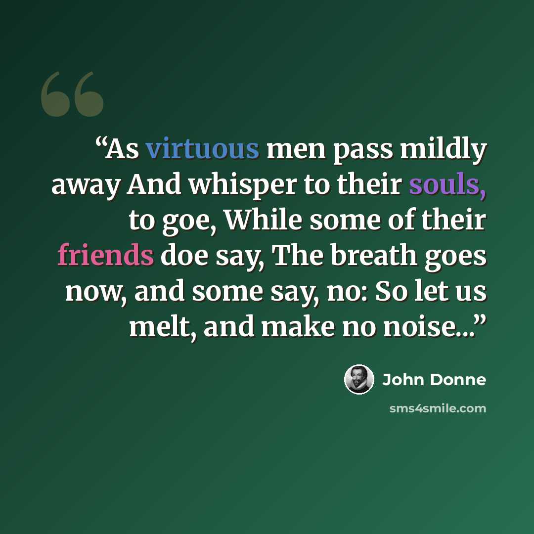 “As virtuous men pass mildly away And whisper to their souls, to goe, While some of their friends doe say, The breath goes now, and some say, no: So let us melt, and make no noise...” quote by John Donne