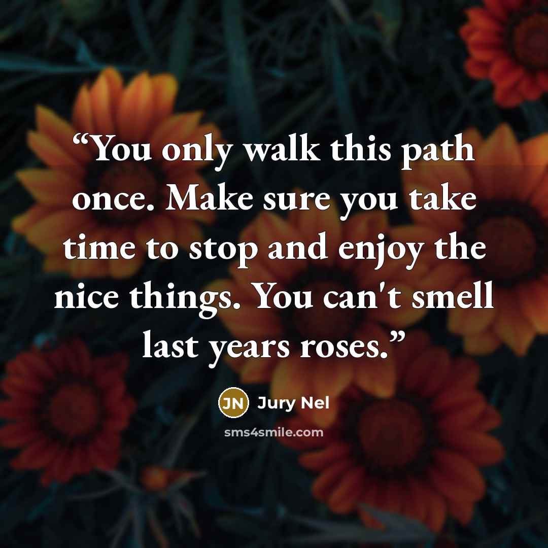 “You only walk this path once. Make sure you take time to stop and enjoy the nice things. You can't smell last years roses.” quote by Jury Nel