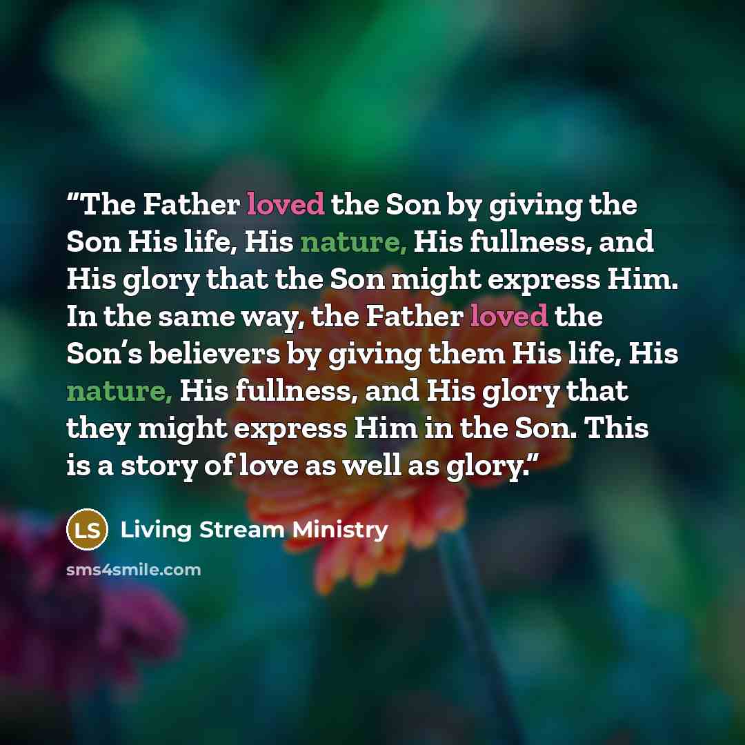 “The Father loved the Son by giving the Son His life, His nature, His fullness, and His glory that the Son might express Him. In the same way, the Father loved the Son’s believers by giving them His life, His nature, His fullness, and His glory that they might express Him in the Son. This is a…” quote by Living Stream Ministry