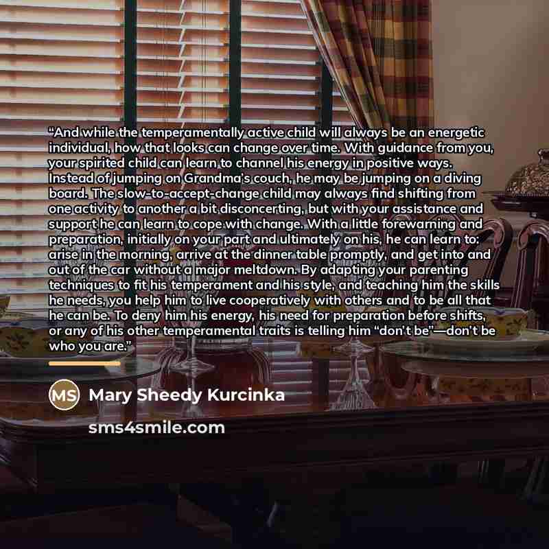 “And while the temperamentally active child will always be an energetic individual, how that looks can change over time. With guidance from you, your spirited child can learn to channel his energy in positive ways. Instead of jumping on Grandma’s couch, he may be jumping on a diving board. The…” quote by Mary Sheedy Kurcinka