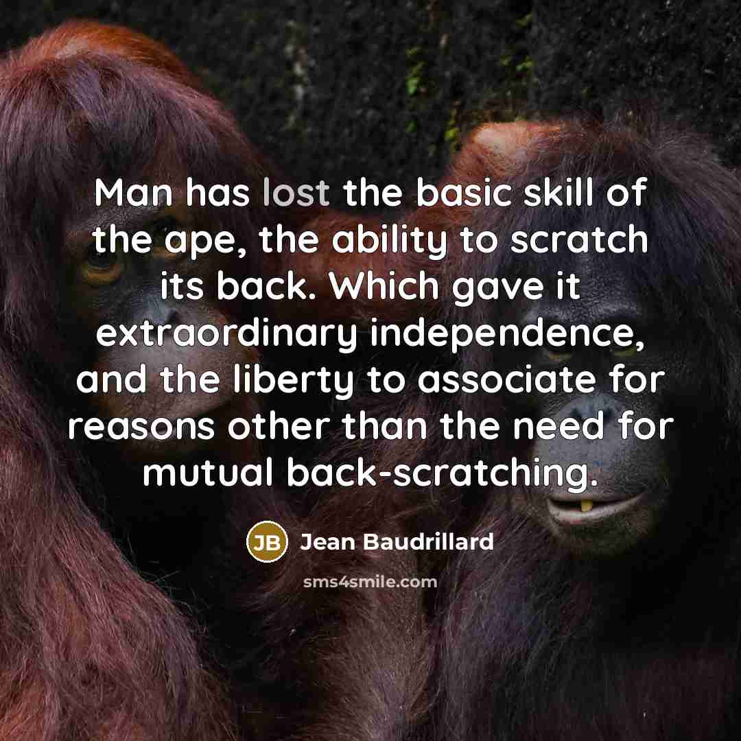 “Man has lost the basic skill of the ape, the ability to scratch its back. Which gave it extraordinary independence, and the liberty to associate for reasons other than the need for mutual back-scratching.” quote by Jean Baudrillard