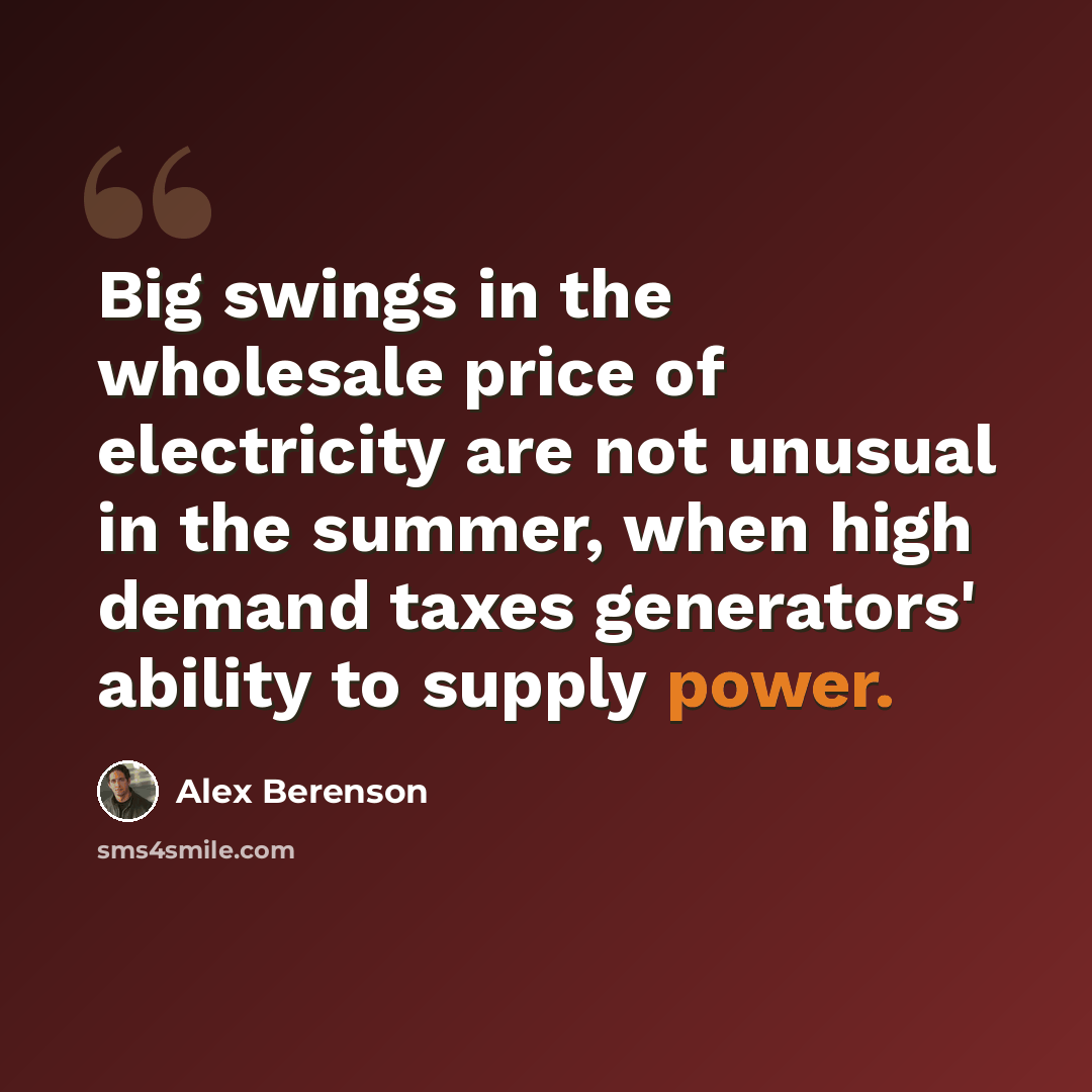 “Big swings in the wholesale price of electricity are not unusual in the summer, when high demand taxes generators' ability to supply power.” quote by Alex Berenson