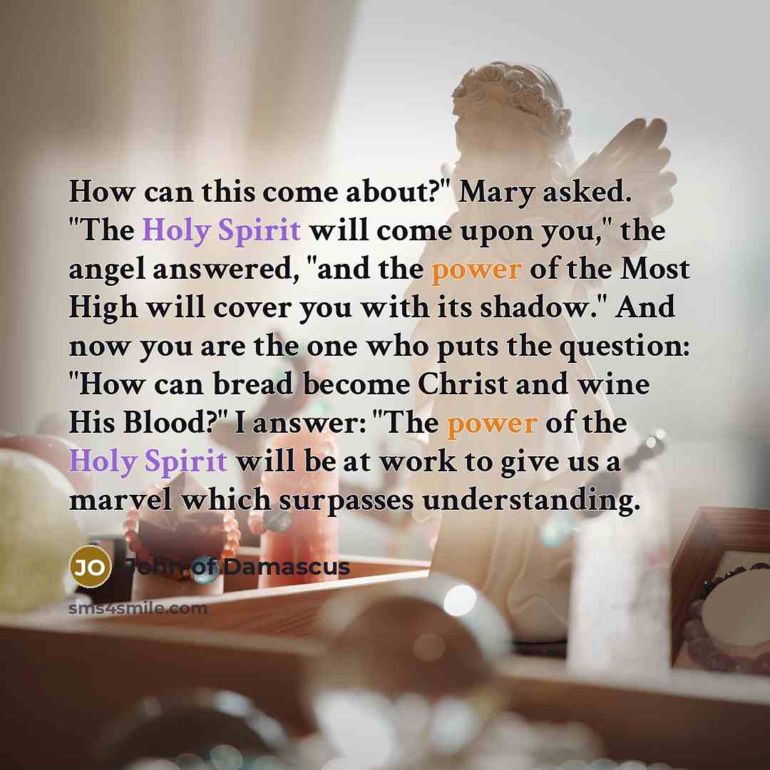 “How can this come about?" Mary asked. "The Holy Spirit will come upon you," the angel answered, "and the power of the Most High will cover you with its shadow." And now you are the one who puts the question: "How can bread become Christ and wine His Blood?" I answer: "The power of the Holy Spirit…” quote by John of Damascus