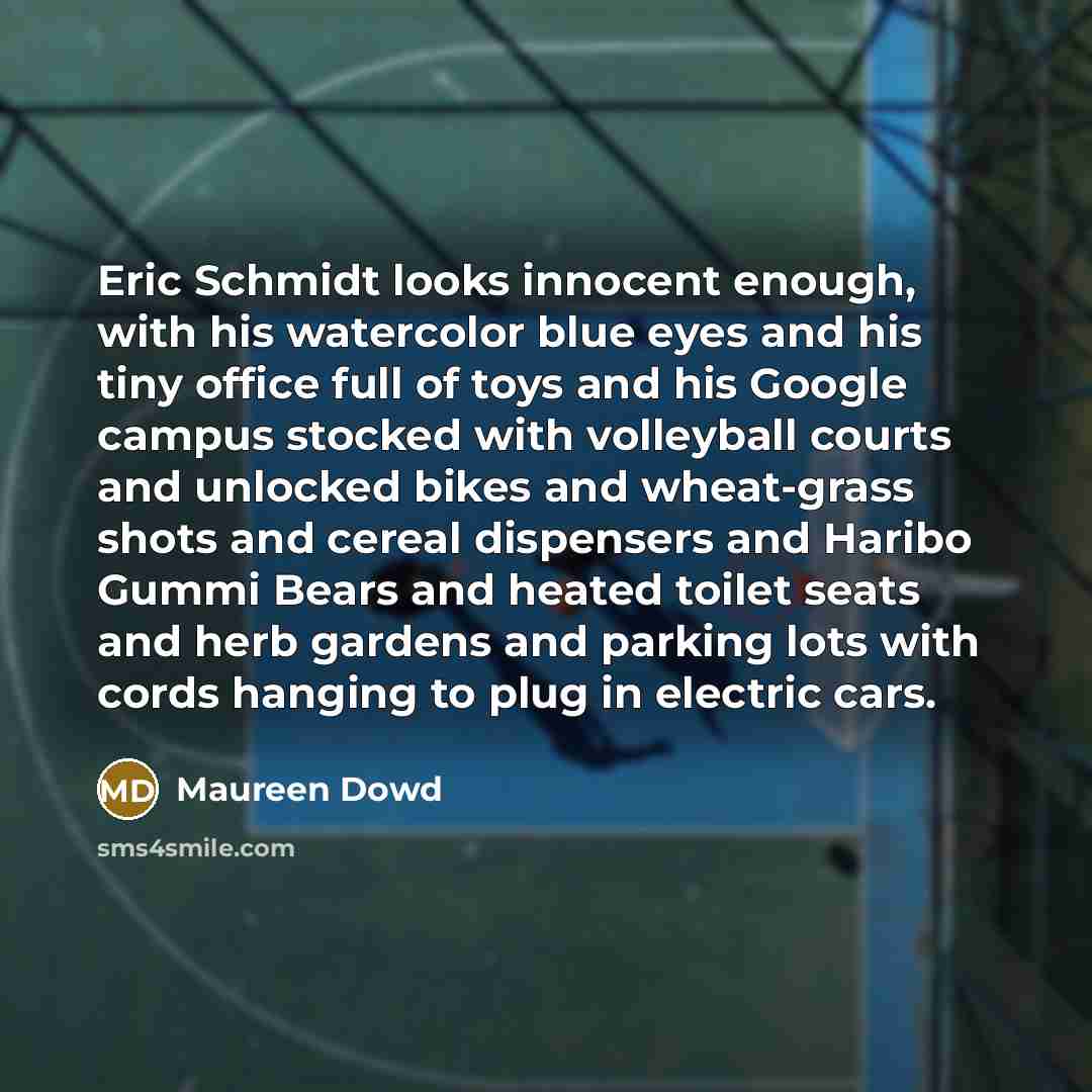 “Eric Schmidt looks innocent enough, with his watercolor blue eyes and his tiny office full of toys and his Google campus stocked with volleyball courts and unlocked bikes and wheat-grass shots and cereal dispensers and Haribo Gummi Bears and heated toilet seats and herb gardens and parking lots…” quote by Maureen Dowd