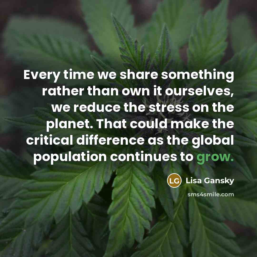“Every time we share something rather than own it ourselves, we reduce the stress on the planet. That could make the critical difference as the global population continues to grow.” quote by Lisa Gansky