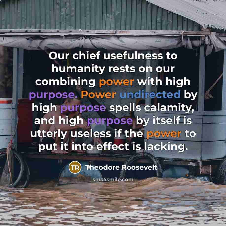 “Our chief usefulness to humanity rests on our combining power with high purpose. Power undirected by high purpose spells calamity, and high purpose by itself is utterly useless if the power to put it into effect is lacking.” quote by Theodore Roosevelt