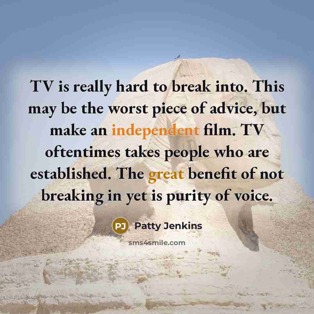 “TV is really hard to break into. This may be the worst piece of advice, but make an independent film. TV oftentimes takes people who are established. The great benefit of not breaking in yet is purity of voice.” quote by Patty Jenkins