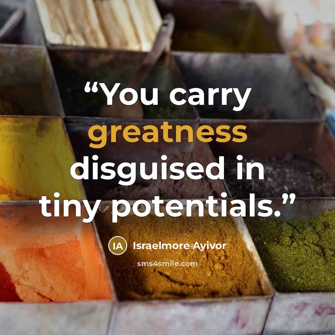 “You carry greatness disguised in tiny potentials.” quote by Israelmore Ayivor