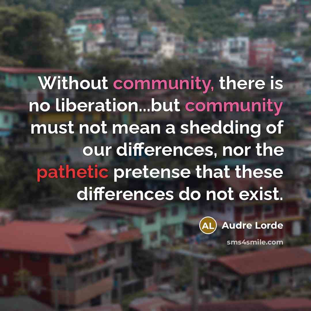 “Without community, there is no liberation...but community must not mean a shedding of our differences, nor the pathetic pretense that these differences do not exist.” quote by Audre Lorde