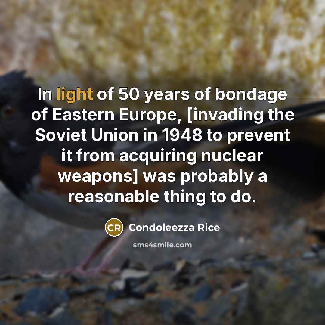 “In light of 50 years of bondage of Eastern Europe, [invading the Soviet Union in 1948 to prevent it from acquiring nuclear weapons] was probably a reasonable thing to do.” quote by Condoleezza Rice
