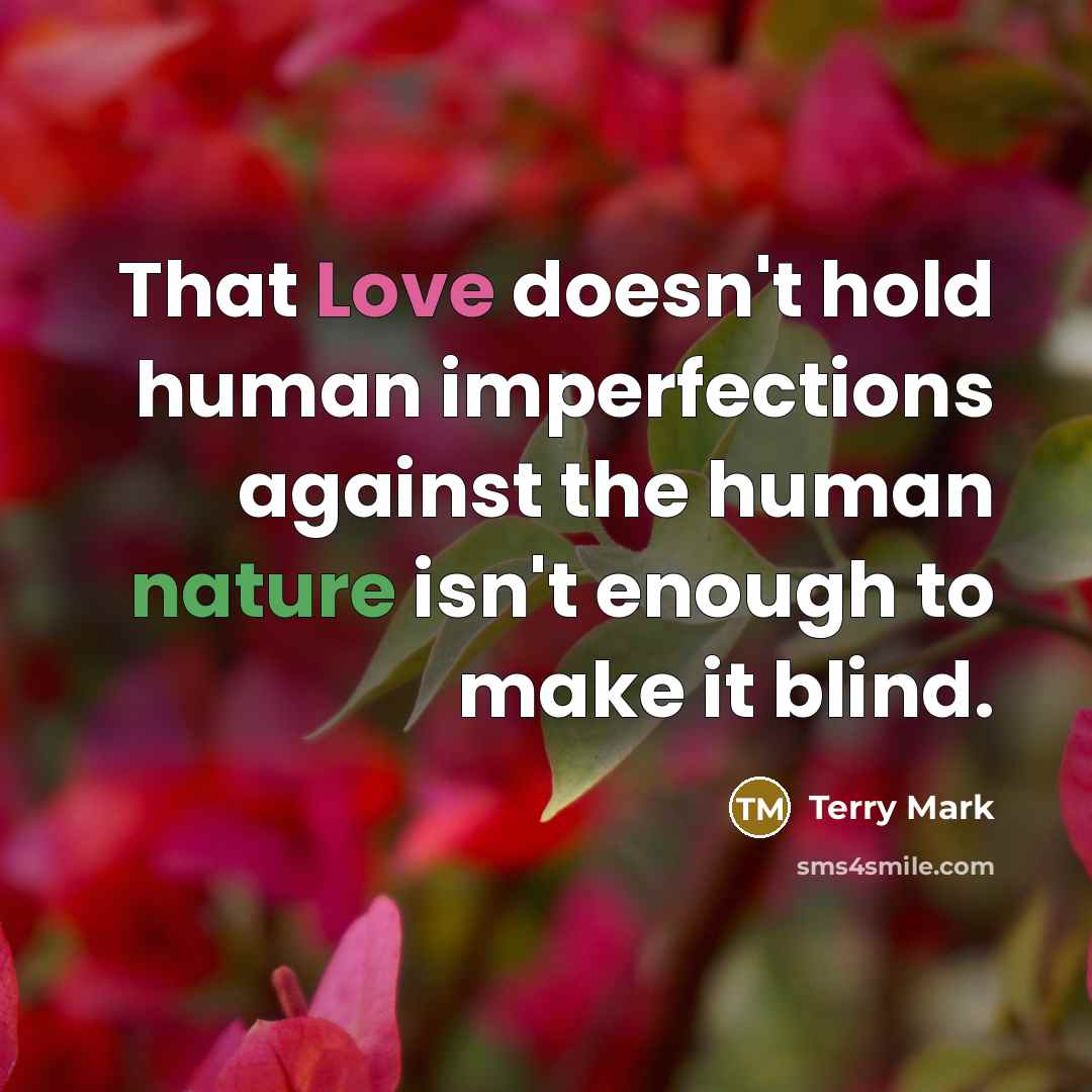 “That Love doesn't hold human imperfections against the human nature isn't enough to make it blind.” quote by Terry Mark