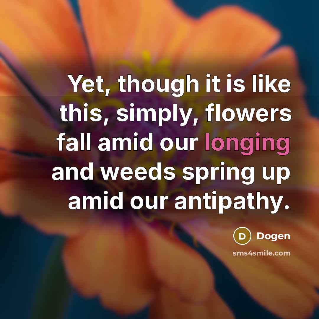 “Yet, though it is like this, simply, flowers fall amid our longing and weeds spring up amid our antipathy.” quote by Dogen