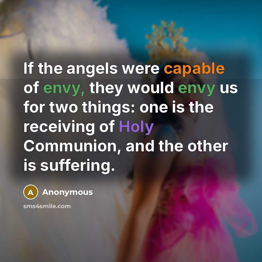 “If the angels were capable of envy, they would envy us for two things: one is the receiving of Holy Communion, and the other is suffering.” quote by Anonymous