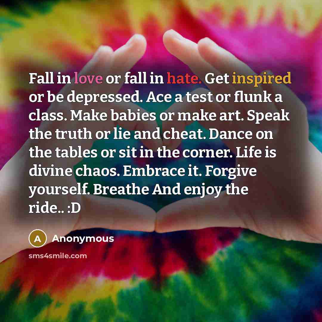 “Fall in love or fall in hate. Get inspired or be depressed. Ace a test or flunk a class. Make babies or make art. Speak the truth or lie and cheat. Dance on the tables or sit in the corner. Life is divine chaos. Embrace it. Forgive yourself. Breathe And enjoy the ride.. :D” quote by Anonymous
