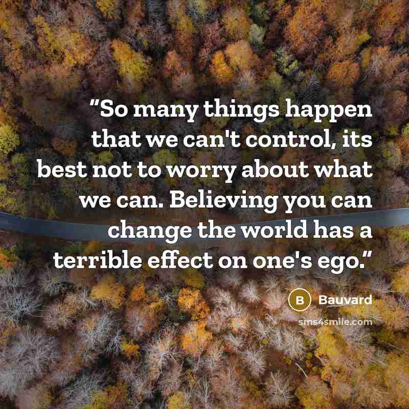 “So many things happen that we can't control, its best not to worry about what we can. Believing you can change the world has a terrible effect on one's ego.” quote by Bauvard