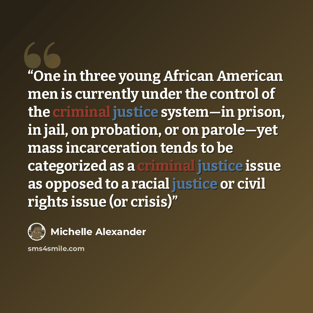 “One in three young African American men is currently under the control of the criminal justice system—in prison, in jail, on probation, or on parole—yet mass incarceration tends to be categorized as a criminal justice issue as opposed to a racial justice or civil rights issue (or crisis)” quote by michelle alexander