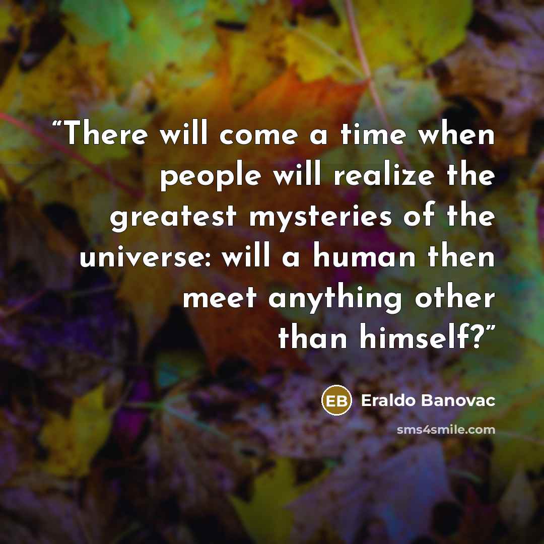 “There will come a time when people will realize the greatest mysteries of the universe: will a human then meet anything other than himself?” quote by Eraldo Banovac