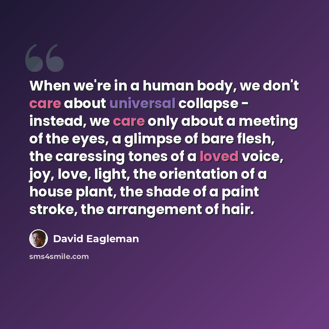 “When we're in a human body, we don't care about universal collapse - instead, we care only about a meeting of the eyes, a glimpse of bare flesh, the caressing tones of a loved voice, joy, love, light, the orientation of a house plant, the shade of a paint stroke, the arrangement of hair.” quote by David Eagleman