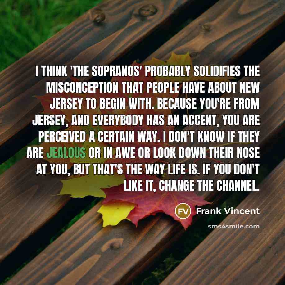 “I think 'The Sopranos' probably solidifies the misconception that people have about New Jersey to begin with. Because you're from Jersey, and everybody has an accent, you are perceived a certain way. I don't know if they are jealous or in awe or look down their nose at you, but that's the way life…” quote by Frank Vincent