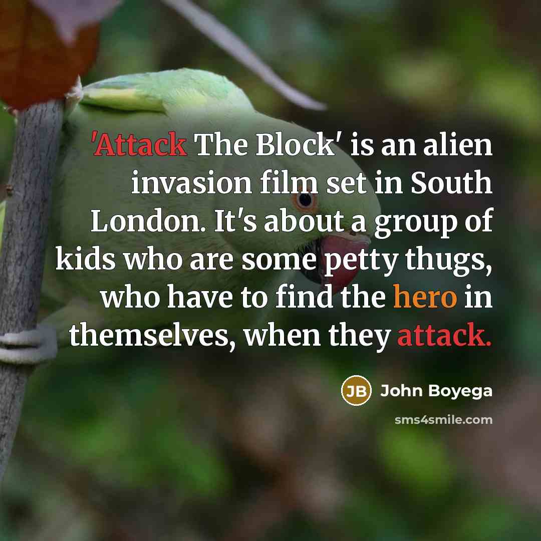 “'Attack The Block' is an alien invasion film set in South London. It's about a group of kids who are some petty thugs, who have to find the hero in themselves, when they attack.” quote by John Boyega