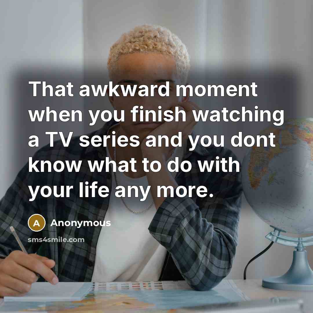 “That awkward moment when you finish watching a TV series and you dont know what to do with your life any more.” quote by Anonymous