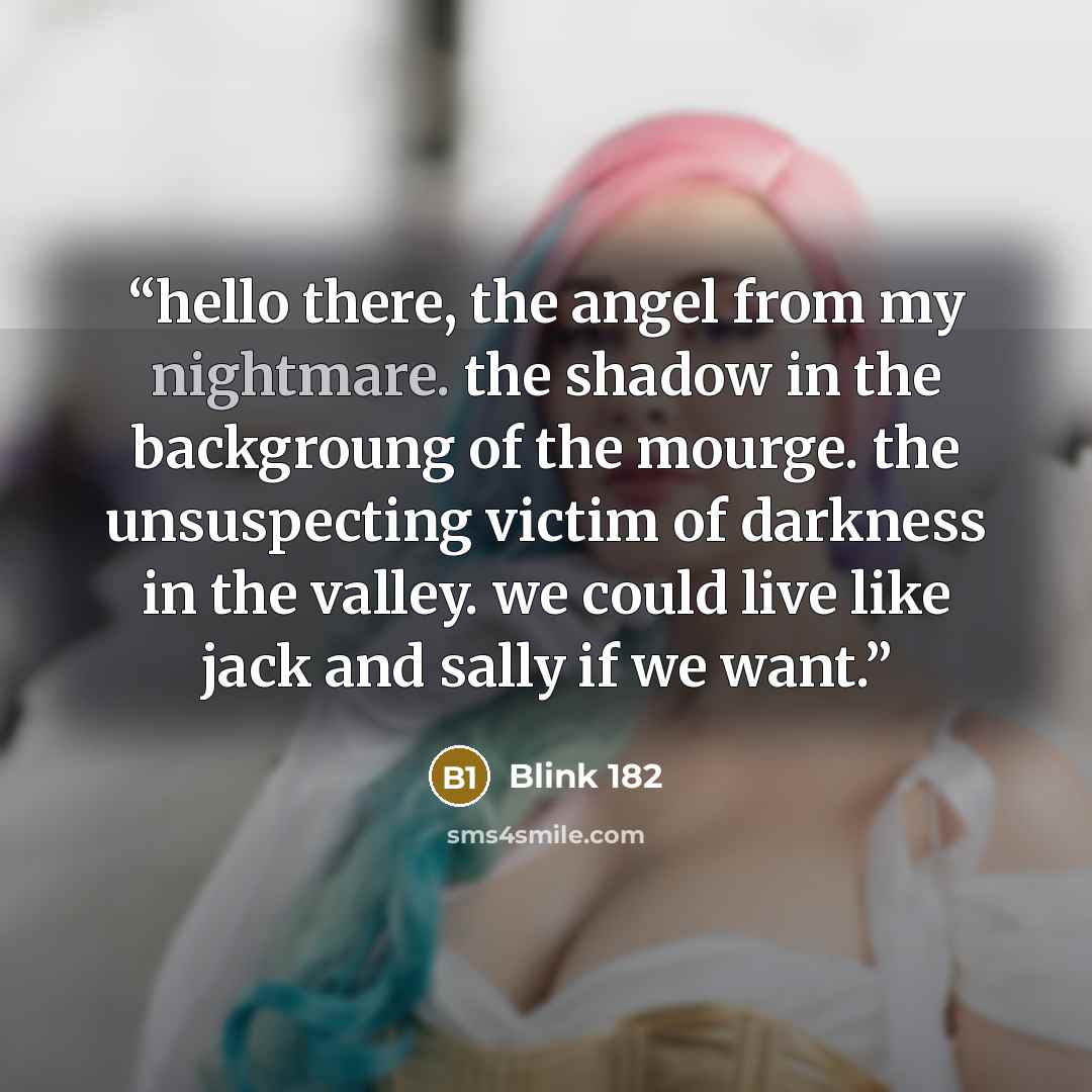 “hello there, the angel from my nightmare. the shadow in the backgroung of the mourge. the unsuspecting victim of darkness in the valley. we could live like jack and sally if we want.” quote by blink 182
