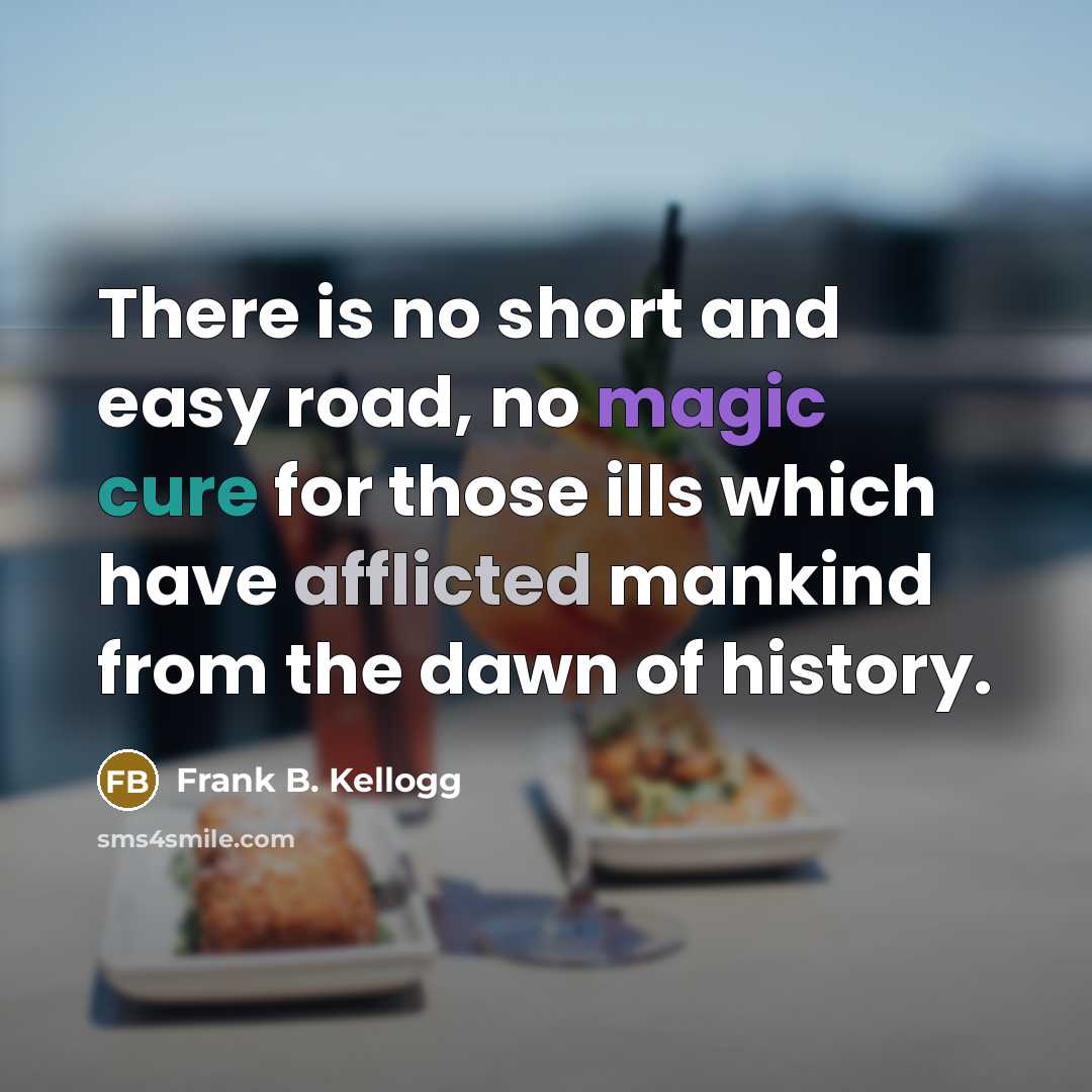 “There is no short and easy road, no magic cure for those ills which have afflicted mankind from the dawn of history.” quote by Frank B. Kellogg