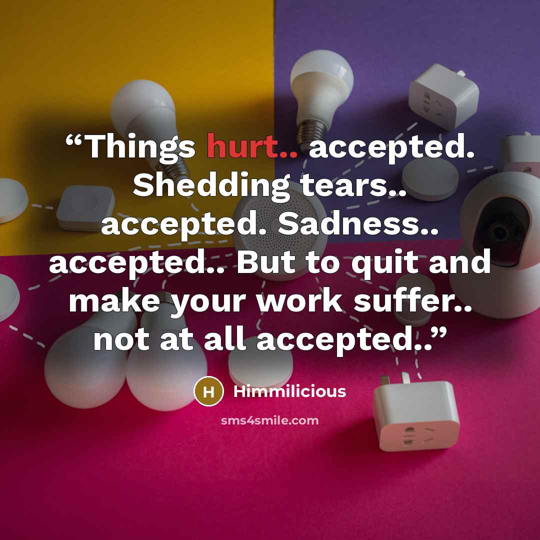 “Things hurt.. accepted. Shedding tears.. accepted. Sadness.. accepted.. But to quit and make your work suffer.. not at all accepted..” quote by Himmilicious