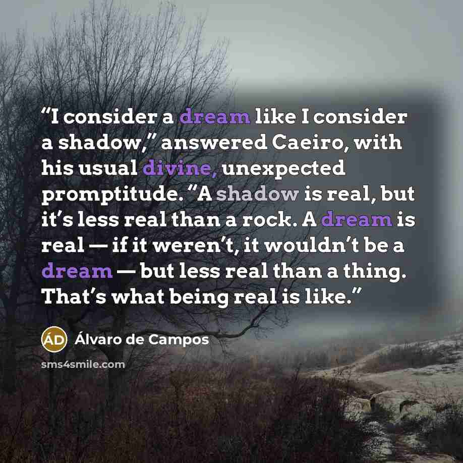 “I consider a dream like I consider a shadow,” answered Caeiro, with his usual divine, unexpected promptitude. “A shadow is real, but it’s less real than a rock. A dream is real — if it weren’t, it wouldn’t be a dream — but less real than a thing. That’s what being real is like.” quote by Álvaro de Campos