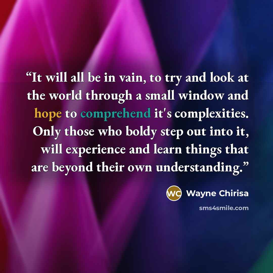 “It will all be in vain, to try and look at the world through a small window and hope to comprehend it's complexities. Only those who boldy step out into it, will experience and learn things that are beyond their own understanding.” quote by Wayne Chirisa