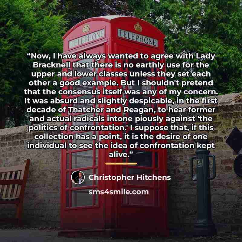 “Now, I have always wanted to agree with Lady Bracknell that there is no earthly use for the upper and lower classes unless they set each other a good example. But I shouldn't pretend that the consensus itself was any of my concern. It was absurd and slightly despicable, in the first decade of…” quote by Christopher Hitchens