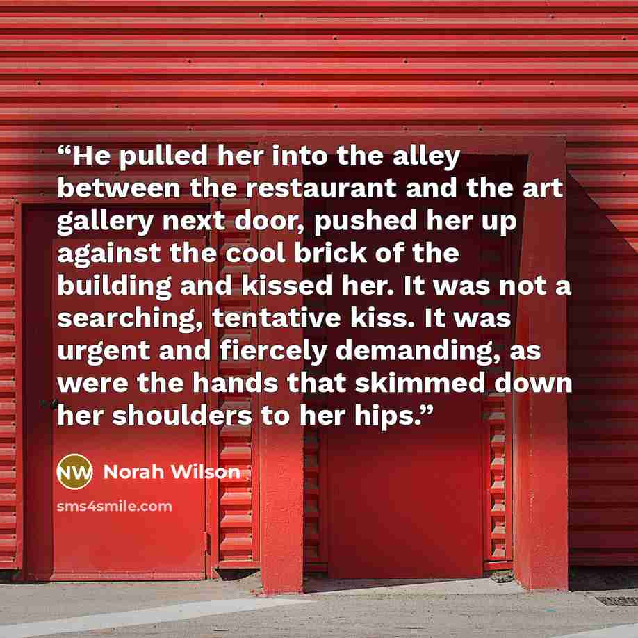 “He pulled her into the alley between the restaurant and the art gallery next door, pushed her up against the cool brick of the building and kissed her. It was not a searching, tentative kiss. It was urgent and fiercely demanding, as were the hands that skimmed down her shoulders to her hips.” quote by Norah Wilson
