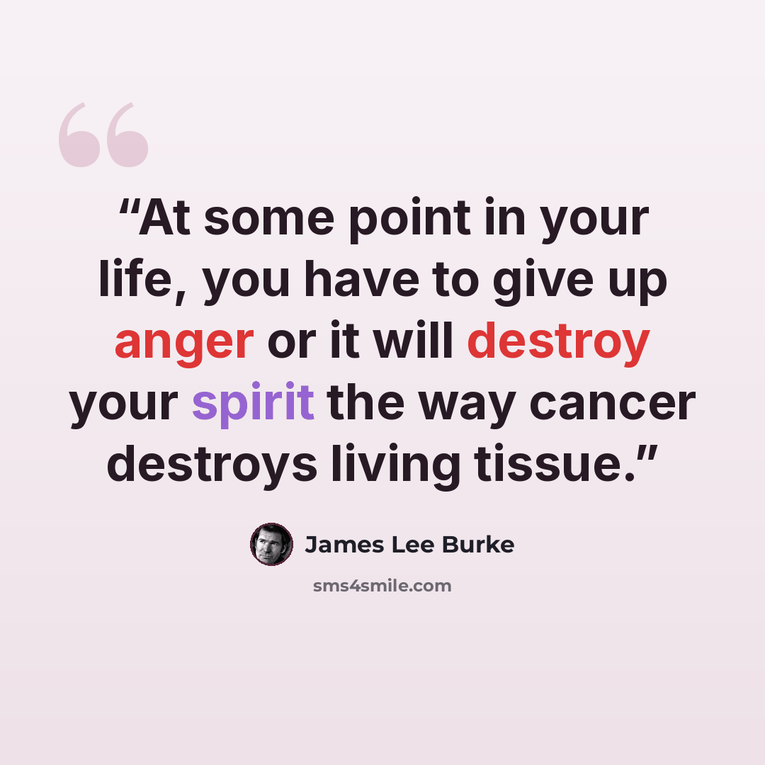“At some point in your life, you have to give up anger or it will destroy your spirit the way cancer destroys living tissue.” quote by James Lee Burke