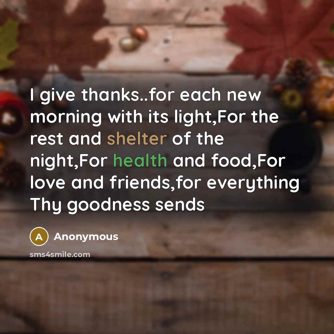 “I give thanks..for each new morning with its light,For the rest and shelter of the night,For health and food,For love and friends,for everything Thy goodness sends” quote by Anonymous