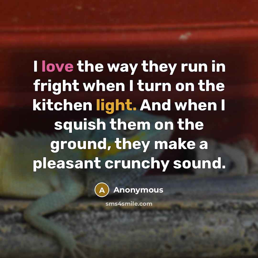 “I love the way they run in fright when I turn on the kitchen light. And when I squish them on the ground, they make a pleasant crunchy sound.” quote by Anonymous