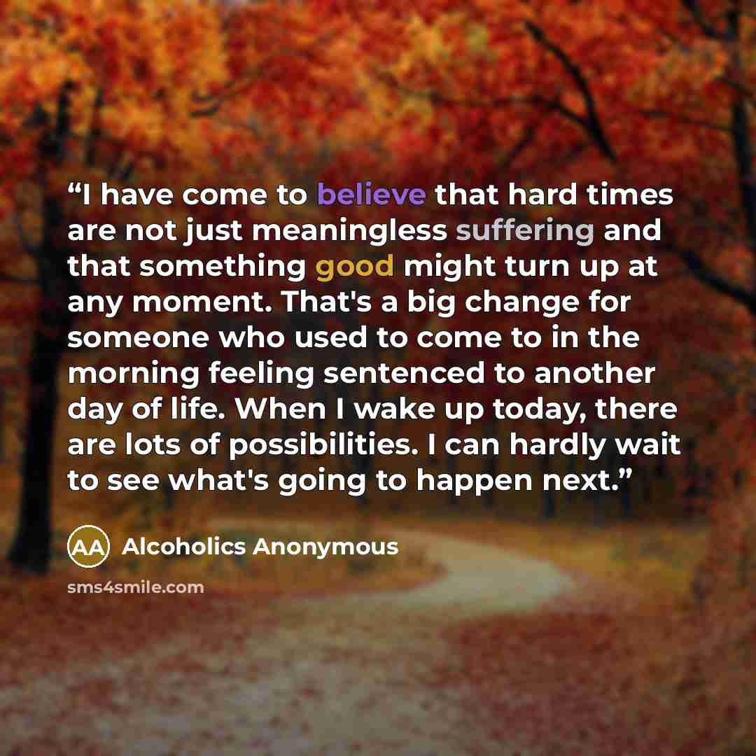 “I have come to believe that hard times are not just meaningless suffering and that something good might turn up at any moment. That's a big change for someone who used to come to in the morning feeling sentenced to another day of life. When I wake up today, there are lots of possibilities. I can…” quote by Alcoholics Anonymous