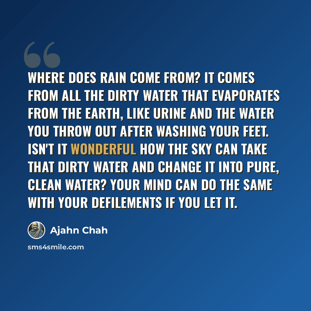 “Where does rain come from? It comes from all the dirty water that evaporates from the earth, like urine and the water you throw out after washing your feet. Isn't it wonderful how the sky can take that dirty water and change it into pure, clean water? Your mind can do the same with your…” quote by Ajahn Chah