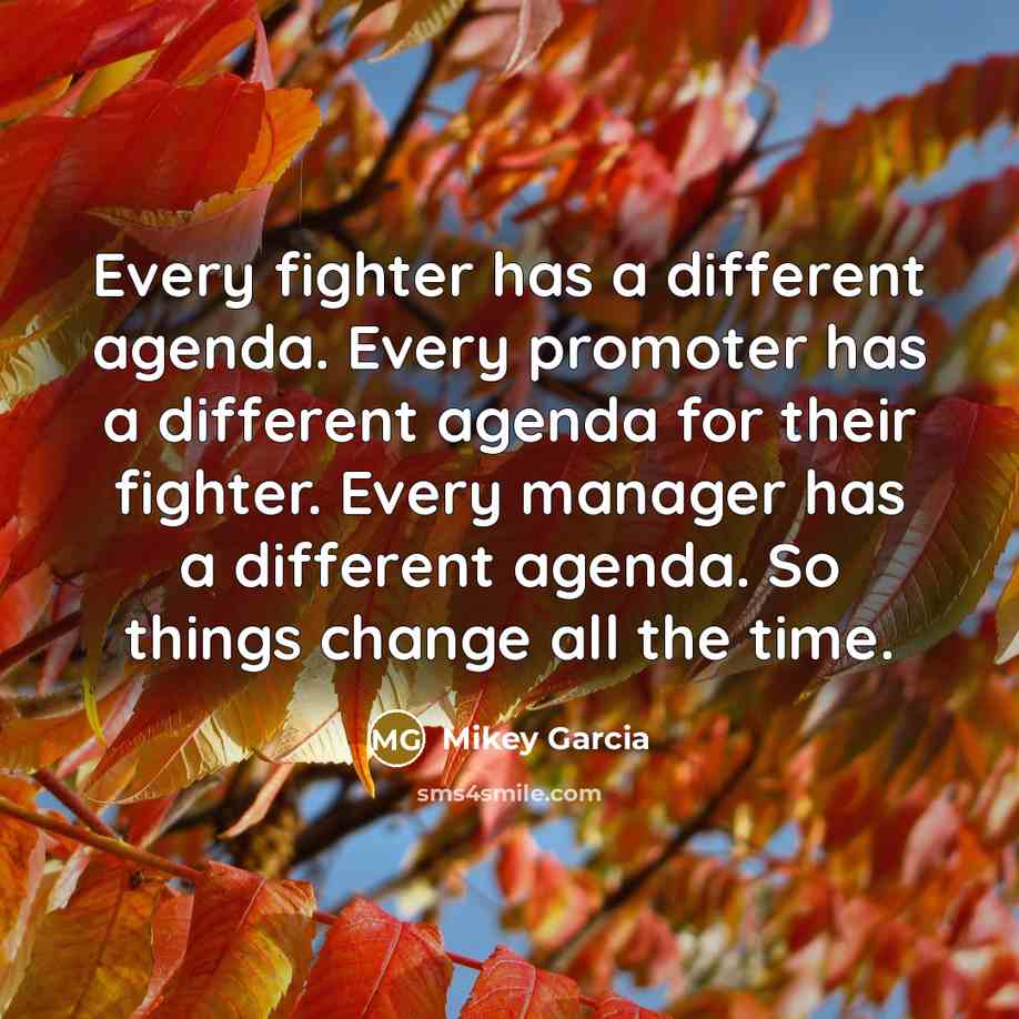 “Every fighter has a different agenda. Every promoter has a different agenda for their fighter. Every manager has a different agenda. So things change all the time.” quote by Mikey Garcia