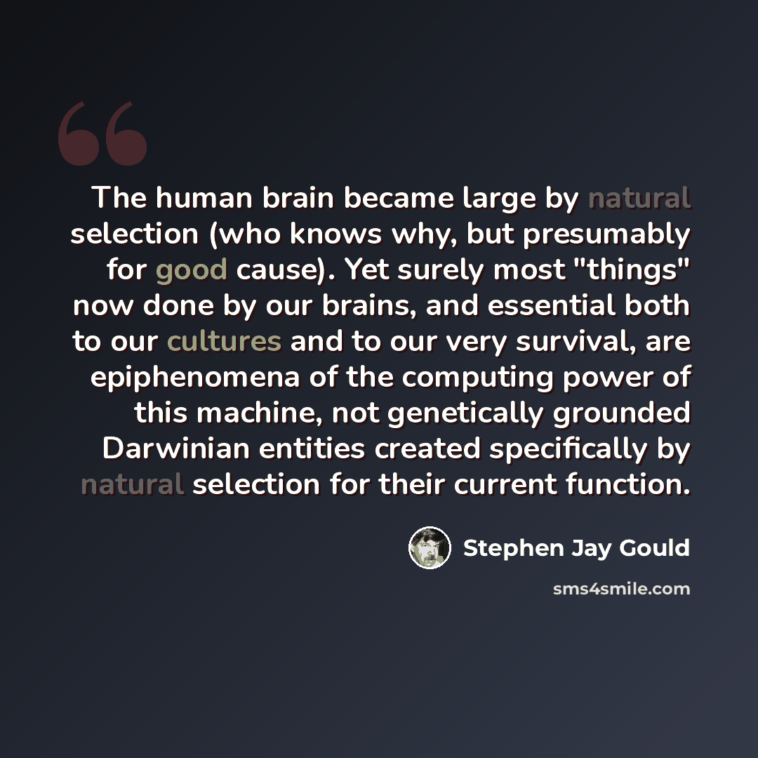 “The human brain became large by natural selection (who knows why, but presumably for good cause). Yet surely most "things" now done by our brains, and essential both to our cultures and to our very survival, are epiphenomena of the computing power of this machine, not genetically grounded…” quote by Stephen Jay Gould