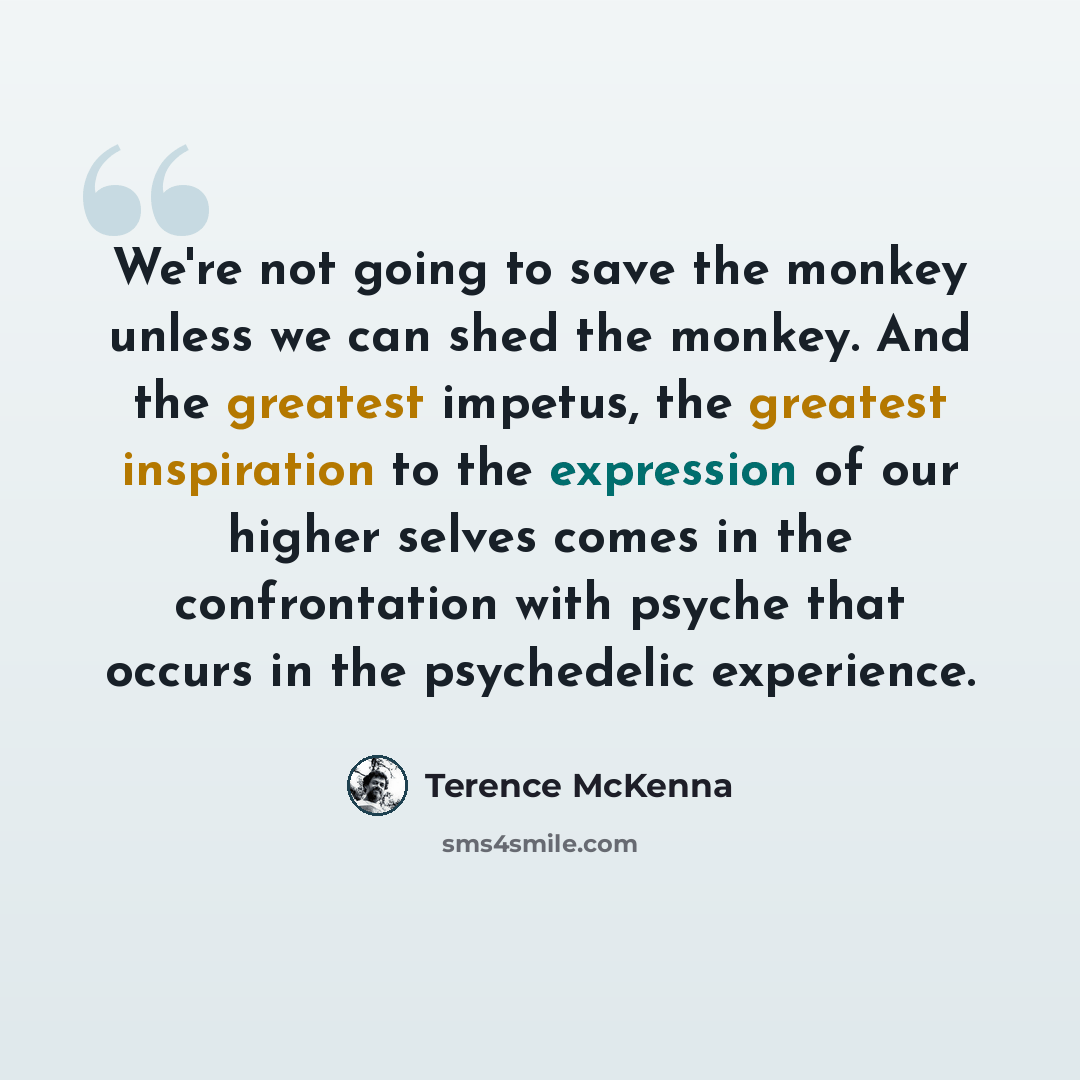 “We're not going to save the monkey unless we can shed the monkey. And the greatest impetus, the greatest inspiration to the expression of our higher selves comes in the confrontation with psyche that occurs in the psychedelic experience.” quote by Terence McKenna