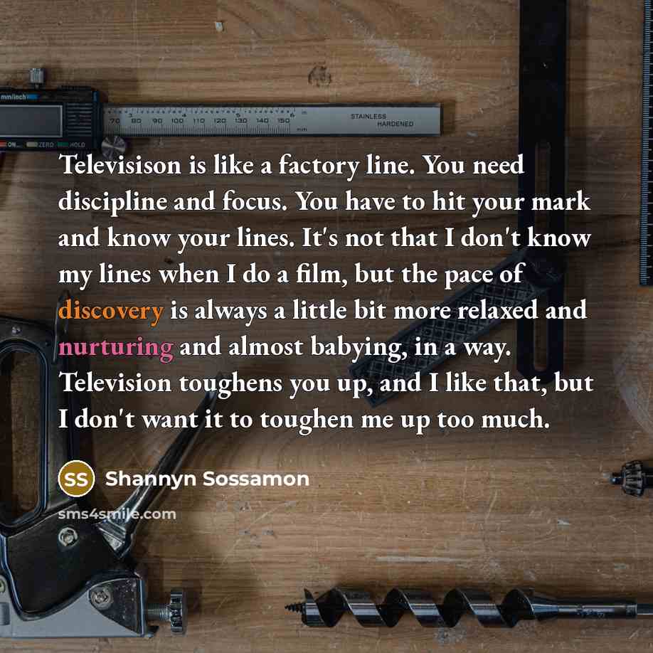 “Televisison is like a factory line. You need discipline and focus. You have to hit your mark and know your lines. It's not that I don't know my lines when I do a film, but the pace of discovery is always a little bit more relaxed and nurturing and almost babying, in a way. Television toughens you…” quote by Shannyn Sossamon