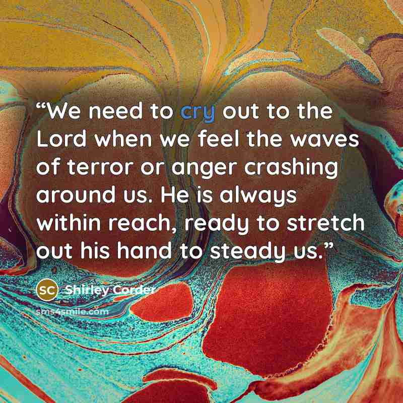 “We need to cry out to the Lord when we feel the waves of terror or anger crashing around us. He is always within reach, ready to stretch out his hand to steady us.” quote by Shirley Corder