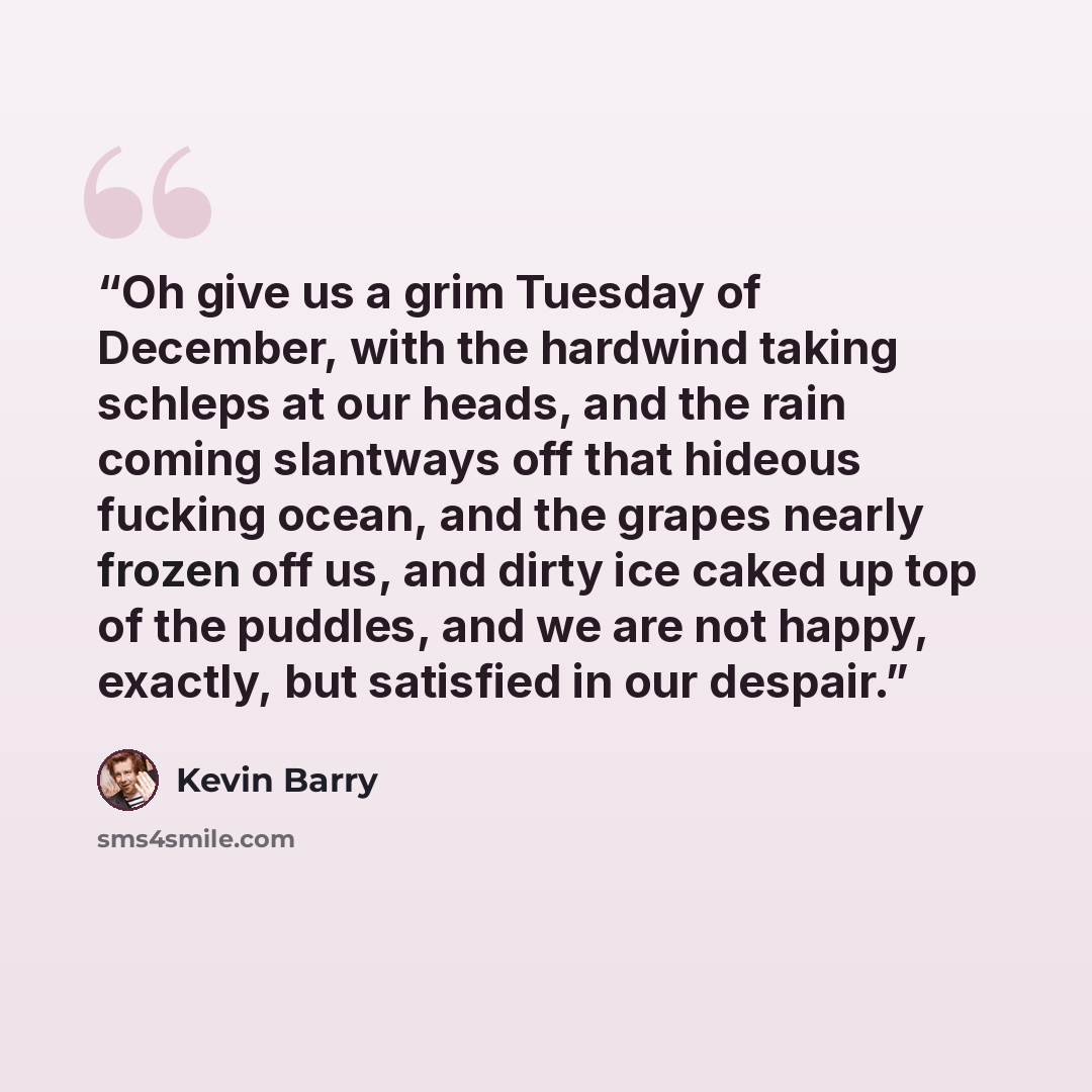 “Oh give us a grim Tuesday of December, with the hardwind taking schleps at our heads, and the rain coming slantways off that hideous fucking ocean, and the grapes nearly frozen off us, and dirty ice caked up top of the puddles, and we are not happy, exactly, but satisfied in our despair.” quote by Kevin Barry