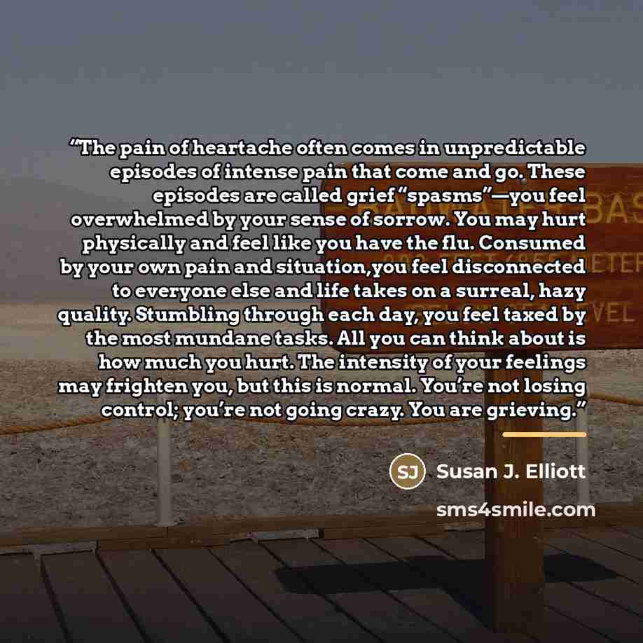 “The pain of heartache often comes in unpredictable episodes of intense pain that come and go. These episodes are called grief “spasms”—you feel overwhelmed by your sense of sorrow. You may hurt physically and feel like you have the flu. Consumed by your own pain and situation,you feel disconnected…” quote by Susan J. Elliott
