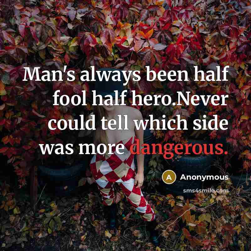 “Man's always been half fool half hero.Never could tell which side was more dangerous.” quote by Anonymous