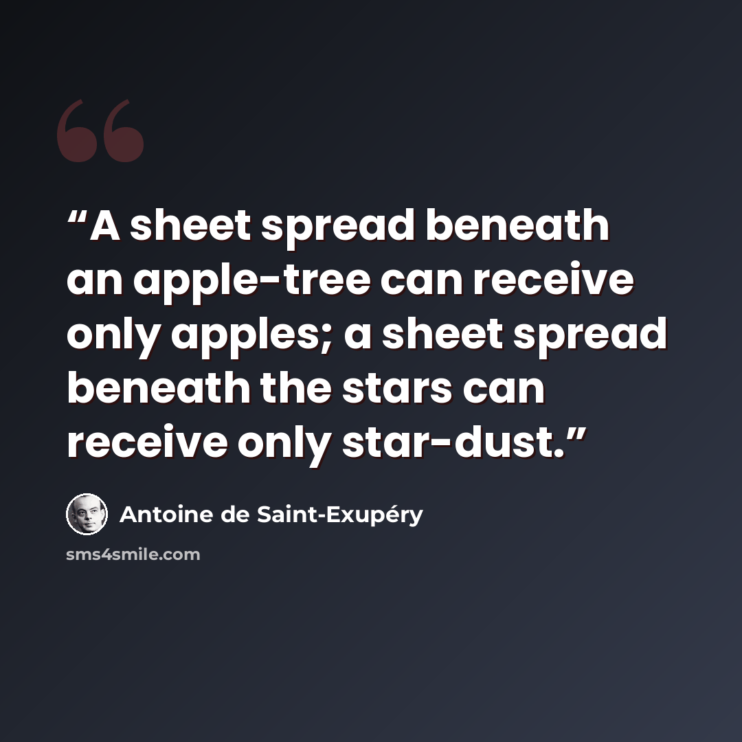 “A sheet spread beneath an apple-tree can receive only apples; a sheet spread beneath the stars can receive only star-dust.” quote by Antoine de Saint-Exupéry