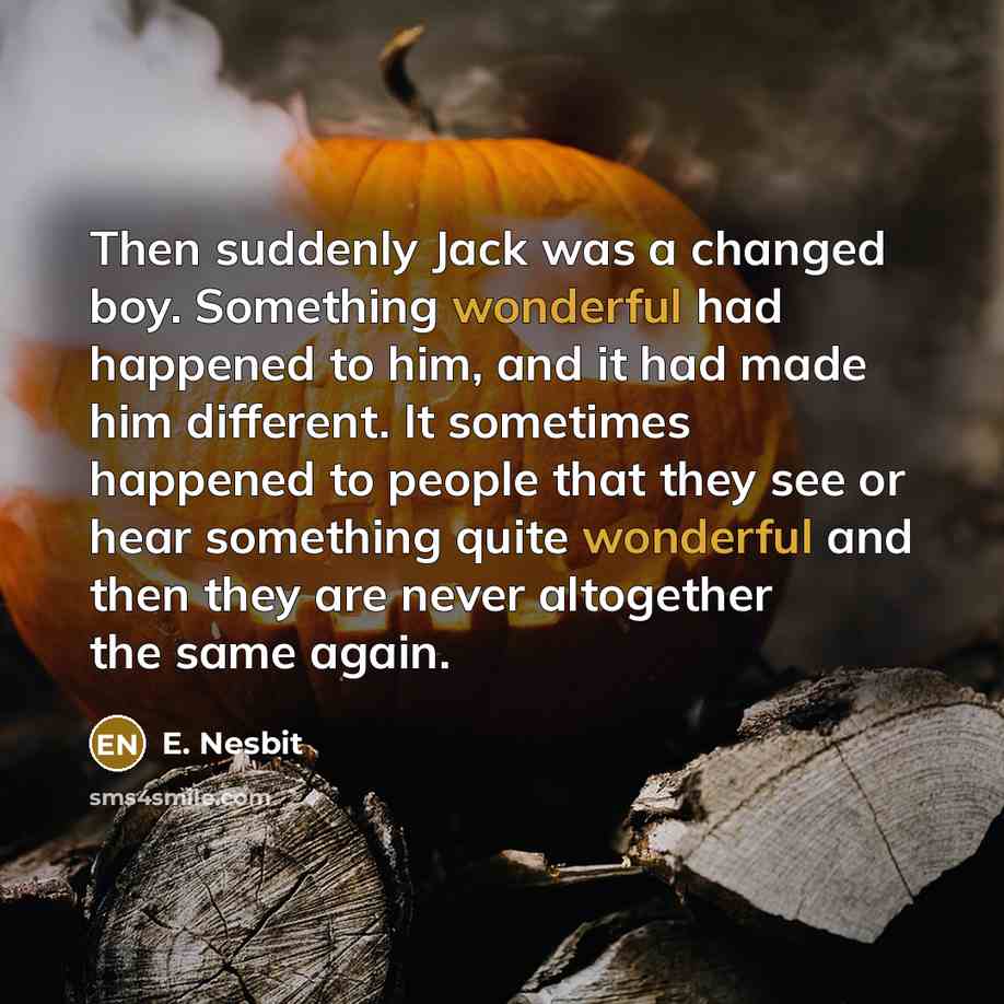 “Then suddenly Jack was a changed boy. Something wonderful had happened to him, and it had made him different. It sometimes happened to people that they see or hear something quite wonderful and then they are never altogether the same again.” quote by E. Nesbit